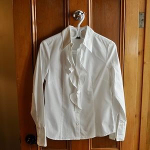Ann Taylor White Ruffle Button Down Blouse